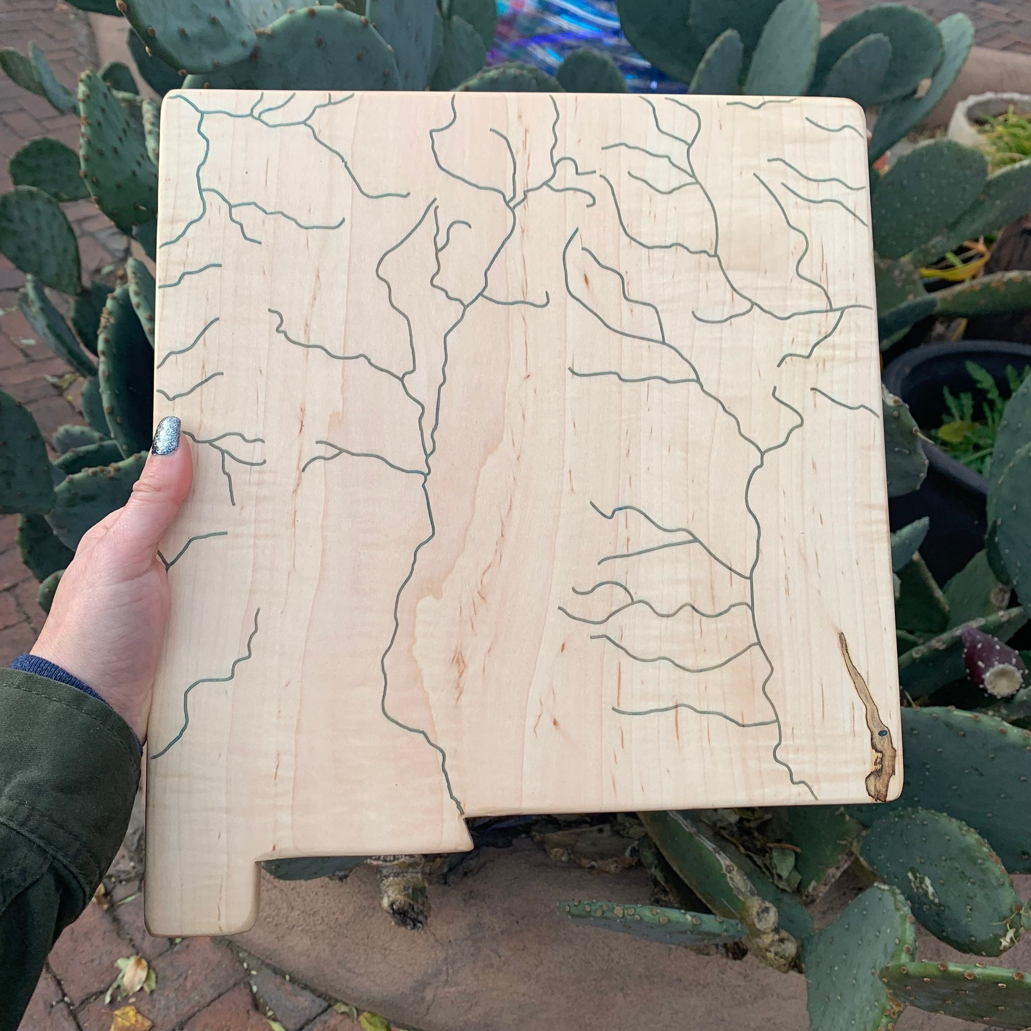 New Mexico Turquoise Rivers Cutting Board Wormy Maple 12x14