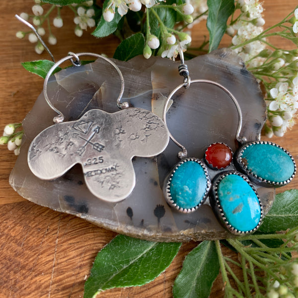 Turquoise Silver and Carnelian flower earrings