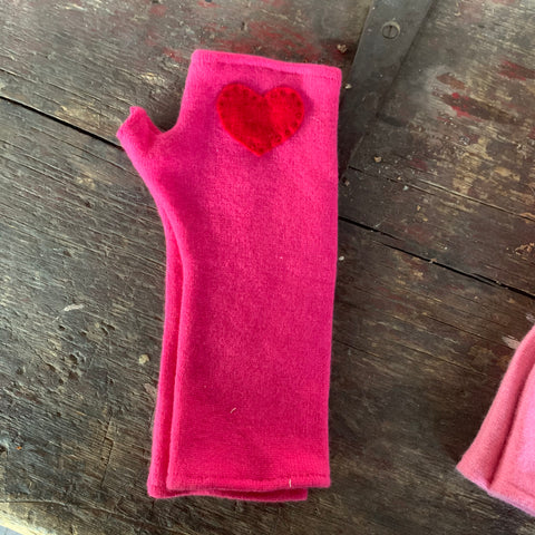 Long pink with red heart Cashmere Fingerless Gloves