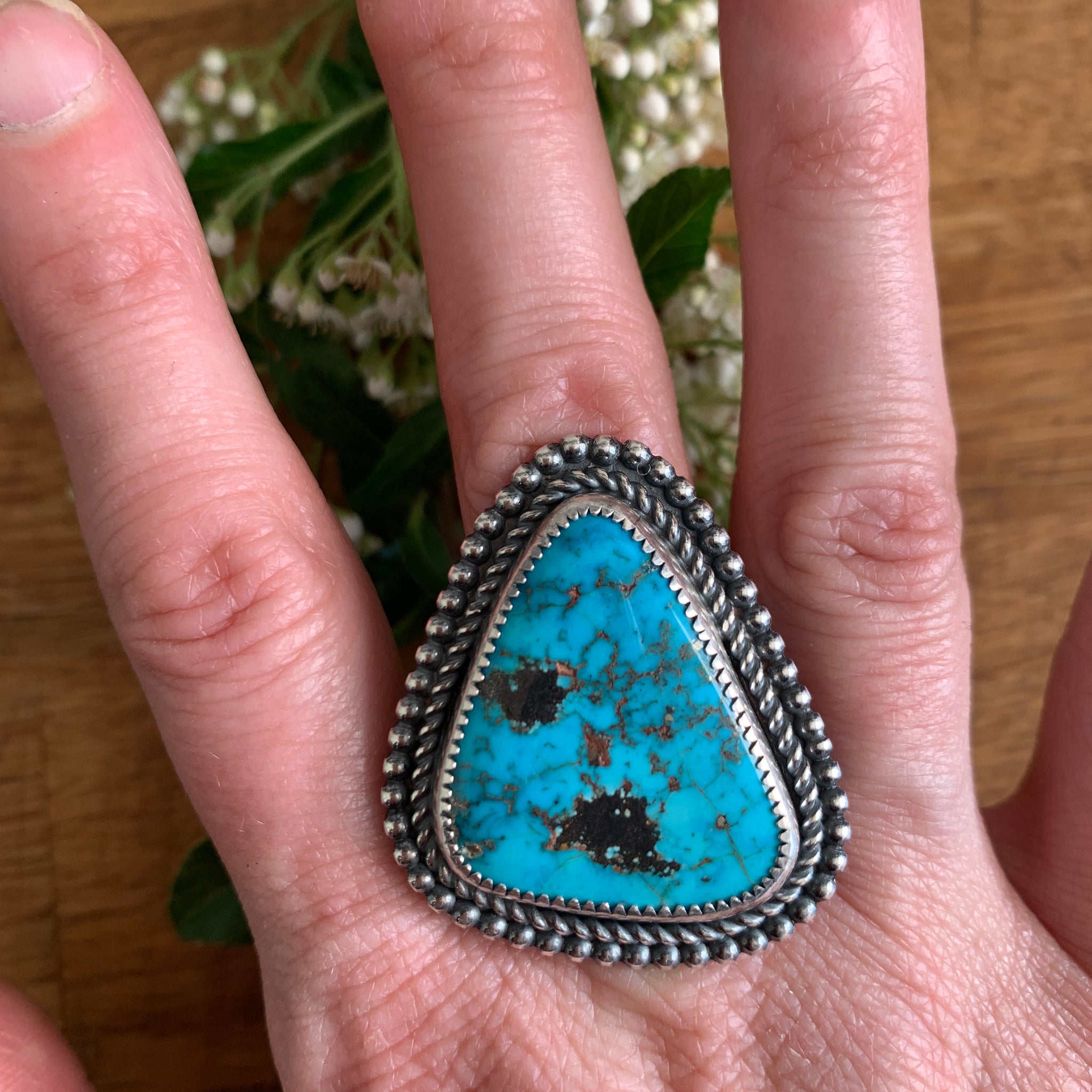 Size 8 Triangle Kingman Turquoise and Silver Ring