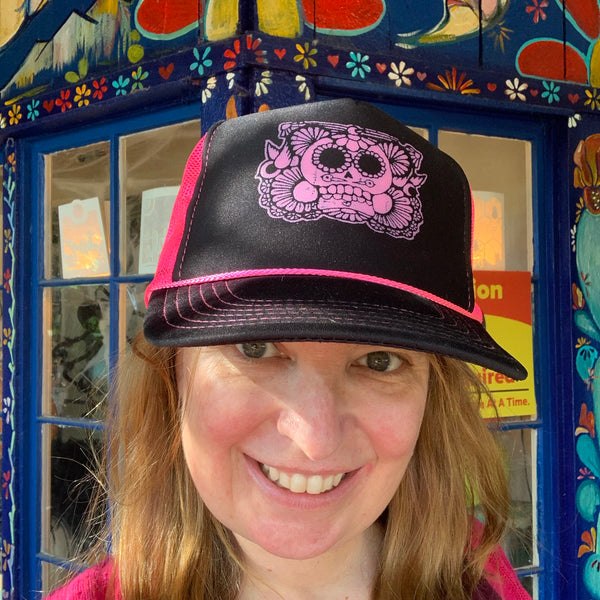 Neon Pink Sugar Skull Trucker Hat