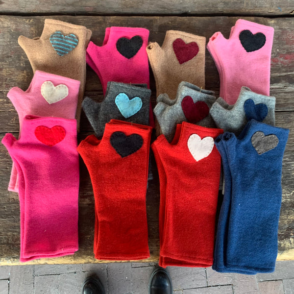 Long pink with red heart Cashmere Fingerless Gloves