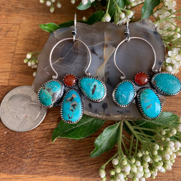 Turquoise Silver and Carnelian flower earrings